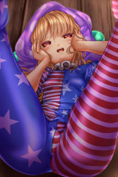Rule 34 | 1girl, american flag legwear, ass, blonde hair, breasts, brown eyes, clownpiece, commentary request, flag print, hands on own face, hat, highres, legs up, looking at viewer, lying, neck ruff, on back, open mouth, pantyhose, shounen (hogehoge), small breasts, solo, sweat, thighs, touhou
