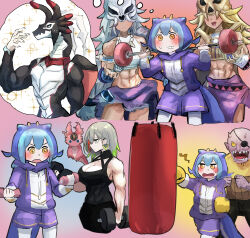 Rule 34 | 1boy, 6+girls, absurdres, alternate costume, blonde hair, blue hair, boxing gloves, breasts, character request, cleavage, commission, diabellstar the black witch, dragon girl, dragonmaid sheou, duel monster, dumbbell, exercising, exercising, faceless, faceless female, grey hair, hatano kiyoshi, highres, laundry dragonmaid, multiple girls, muscular, muscular female, pixiv commission, punching, punching bag, second goblin, snake-eyes poplar, track suit, weightlifting, yellow eyes, yu-gi-oh!