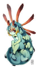 Rule 34 | 1girl, antennae, breasts, caterpillar girl, colored skin, extra arms, female focus, green hair, green skin, highres, arthropod girl, monster girl, multicolored hair, nude, original, pointy ears, red eyes, rinkae, simple background, small breasts, solo, white background