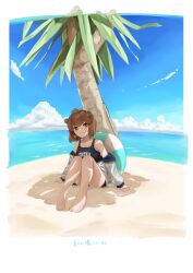 1girl bare_shoulders barefoot beach blue_sky brown_eyes brown_hair closed_mouth cloud commentary_request day headgear highres innertube jacket kantai_collection looking_at_viewer off_shoulder one-piece_swimsuit outdoors school_swimsuit shiranona short_hair sitting sky solo swim_ring swimsuit translation_request tree yukikaze_(kancolle) yukikaze_(swimsuit)_(kancolle)