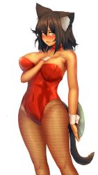Rule 34 | 1girl, absurdres, animal ear fluff, animal ears, arm behind back, black hair, blush, breasts, brown eyes, cat ears, cat tail, choker, collarbone, commentary request, covered navel, dark-skinned female, dark skin, embarrassed, fishnet pantyhose, fishnets, hair between eyes, hand on own chest, highres, holding, holding tray, kittysuit, large breasts, leotard, nekomusume (pekoneko), nontraditional playboy bunny, nose blush, open mouth, original, pantyhose, pekoneko, red choker, red leotard, revision, short hair, simple background, solo, standing, strapless, tail, tray, white background, wrist cuffs