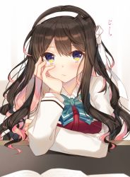 Rule 34 | 1girl, aqua bow, aqua bowtie, black hair, blush, bow, bowtie, collared shirt, commentary request, hair between eyes, hairband, hand on own cheek, hand on own face, hiiragi souren, kantai collection, long hair, long sleeves, looking at viewer, multicolored hair, naganami (kancolle), naganami kai ni (kancolle), pink hair, school uniform, shirt, solo, two-tone hair, wavy hair, white hairband, white shirt, yellow eyes