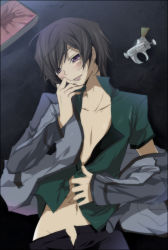 Rule 34 | 00s, 1boy, black hair, blush, brown hair, code geass, collarbone, drugged, drugs, jacket, kl (dgzonbi), lelouch vi britannia, licking, lying, male focus, navel, on back, open clothes, open jacket, open shirt, pants, purple eyes, saliva, shirt, short hair, solo, tongue, tongue out