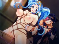 Rule 34 | 2girls, arms behind back, bdsm, blonde hair, blue eyes, blue hair, blush, bondage, bound, breasts, censored, choker, clothed female nude female, dominatrix, earrings, femdom, game cg, gloves, hat, huge breasts, jewelry, large breasts, legs, long hair, looking back, multiple girls, nipples, nude, open mouth, pussy, sex toy, sitting, slave, standing, sweat, thighs, totsuzen kaijin ni natta ore ga mahou shoujo wo otosu hanashi, twintails, vibrator, wooden horse, yuri
