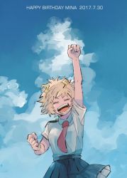 Rule 34 | 10s, 1girl, ^ ^, arm up, ashido mina, birthday, blouse, boku no hero academia, clenched hands, closed eyes, collared shirt, colored skin, happy, horns, necktie, open mouth, pink hair, pink skin, pleated skirt, red necktie, school uniform, serafuku, shirt, short hair, short sleeves, skirt, smile, solo, white shirt
