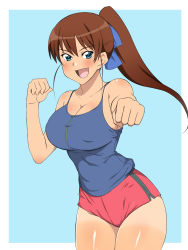 Rule 34 | 1girl, :d, bare shoulders, blue background, breasts, brown hair, camisole, cleavage, fang, highres, kagemusha, large breasts, long hair, looking at viewer, open mouth, original, ponytail, school uniform, short shorts, shorts, smile, solo, thighs