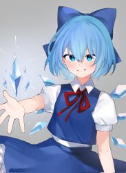 Rule 34 | 1girl, blue bow, blue eyes, blue hair, blue skirt, blue vest, bow, cirno, collared shirt, cryokinesis, glowing, grey background, grin, hair between eyes, hair bow, highres, ice, ice wings, looking at viewer, magic, majime joe, neck ribbon, open hand, puffy short sleeves, puffy sleeves, red ribbon, ribbon, shirt, short hair, short sleeves, simple background, skirt, smile, solo, touhou, upper body, vest, white shirt, wings