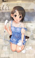 Rule 34 | 1girl, @ @, absurdres, bath, blue bra, blue dress, blush, bra, breasts, brown hair, covered navel, dress, hair ornament, hairclip, highres, hmax, holding, holding bubble, holding shower head, idolmaster, idolmaster cinderella girls, looking at viewer, parted bangs, pinafore dress, puffy short sleeves, puffy sleeves, sasaki chie, seiza, shirt, short sleeves, shower head, sitting, sleeveless, sleeveless dress, small breasts, solo, steam, tears, tile floor, tiles, underwear, wet, wet clothes, wet dress, white shirt