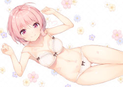 Rule 34 | 1girl, ahoge, armpits, bra, breasts, cleavage, closed mouth, collarbone, commentary request, floral background, flower, gluteal fold, hair between eyes, hands up, looking at viewer, medium breasts, mole, mole on thigh, navel, nijihashi sora, original, panties, petals, pink eyes, pink flower, pink hair, purple flower, short hair, smile, solo, stomach, thigh gap, thighs, underwear, underwear only, white background, white bra, white flower, white panties, yellow flower