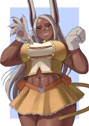 Rule 34 | 1girl, abs, animal ears, animal hands, artist name, boku no hero academia, border, breasts, cat girl, cat paws, cat tail, claw pose, cosplay, dark-skinned female, dark skin, facial mark, gloves, grin, gud0c, highres, large breasts, long hair, looking at viewer, mirko, muscular, muscular female, navel, parted bangs, paw gloves, paw pose, rabbit ears, ragdoll (boku no hero academia), ragdoll (boku no hero academia) (cosplay), red eyes, red skirt, sidelocks, skirt, smile, solo, tail, whisker markings, white border, white gloves, white hair