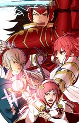 Rule 34 | 2boys, 2girls, armor, brown hair, fire emblem, fire emblem fates, hinoka (fire emblem), holding, holding sword, holding weapon, japanese clothes, katana, looking at viewer, multiple boys, multiple girls, nintendo, pink hair, ponytail, ryoma (fire emblem), sakura (fire emblem), sword, takumi (fire emblem), weapon, white hair