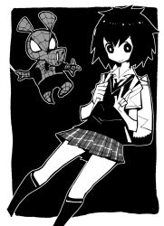 Rule 34 | 1boy, 1girl, backpack, bag, bug, collared shirt, commentary, cosplay, dowman sayman, greyscale, highres, looking at viewer, marvel, monochrome, necktie, no nose, peni parker, school uniform, shirt, short hair, short sleeves, silk, skirt, smile, spider, spider-ham, spider-man, spider-man: into the spider-verse, spider-man (cosplay), spider-man (series), spider-verse, spider web, v