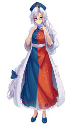 Rule 34 | 1girl, absurdres, animal ears, blue dress, blue eyes, blue footwear, bow, braid, dethmaid, dress, full body, glasses, grey hair, hair bow, hat, highres, jacket, large bow, long hair, long sleeves, nurse cap, open clothes, open jacket, rabbit ears, red dress, simple background, solo, touhou, very long hair, white background, white jacket, yagokoro eirin