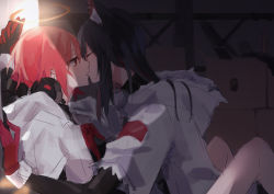 Rule 34 | 2girls, absurdres, animal ear fluff, animal ears, arknights, bad id, bad pixiv id, bare legs, black hair, black sleeves, blush, bow, bowtie, box, closed eyes, commentary, exusiai (arknights), exusiai (city rider) (arknights), gloves, halo, headphones, highres, hood, hood down, hooded jacket, indoors, jacket, kiss, light particles, long hair, looking at another, matsuzaka (matsuzakagyu 29), multiple girls, official alternate costume, red eyes, red gloves, red hair, red neckwear, short hair, texas (arknights), texas (winter messenger) (arknights), white jacket, wolf ears, yuri