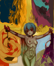 Rule 34 | 1girl, abs, ayanami rei, blood, breasts, completely nude, cowboy shot, crucifixion, medium breasts, muscular, nail, neon genesis evangelion, nipples, nude, pussy, skinny, solo, upon thou fair cat