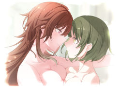 Rule 34 | 2girls, aketa mikoto, asymmetrical docking, blurry, blurry background, blush, breast press, breasts, brown hair, cleavage, collarbone, completely nude, eye contact, facing another, green hair, idolmaster, idolmaster shiny colors, large breasts, light particles, light smile, looking at another, medium breasts, multiple girls, nanakusa nichika, nude, out-of-frame censoring, profile, sogdin, upper body, yuri
