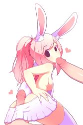 Rule 34 | 1girl, 2boys, animal ears, backless outfit, breasts, buttjob, fiz (fizintine), fizintine, hair ornament, hair scrunchie, high ponytail, long hair, looking at viewer, looking back, multiple boys, oral, original, penis, pink hair, ponytail, pov, rabbit ears, rabbit tail, scrunchie, sideboob, simple background, skirt, tail, thighhighs, uncensored, white background, white thighhighs