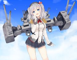 Rule 34 | 10s, 1girl, :d, bare legs, beret, black skirt, blue eyes, clenched hand, cloud, day, epaulettes, female focus, frilled sleeves, frills, gloves, happy, hat, head tilt, kantai collection, kashima (kancolle), legs, long hair, long sleeves, looking at viewer, machinery, military, military uniform, miniskirt, monobe tsukuri, open mouth, pleated skirt, short hair, silver hair, skirt, sky, smile, solo, standing, turret, twintails, two side up, uniform, wavy hair, white gloves