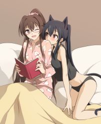 Rule 34 | 10s, 2girls, ;d, animal ears, bad id, bare legs, bare shoulders, bed, bed sheet, bespectacled, black hair, blush, book, brown eyes, brown hair, glasses, hair between eyes, happy, highres, kantai collection, kemonomimi mode, kisetsu, laughing, legs, long hair, looking at another, looking back, midriff, multiple girls, one eye closed, open book, open mouth, pajamas, panties, pillow, ponytail, scrunchie, simple background, smile, tail, tank top, type 91 armor-piercing shell, under covers, underwear, very long hair, wince, yahagi (kancolle), yamato (kancolle), yuri