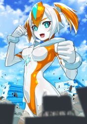 Rule 34 | 1girl, blue eyes, blue hair, bodysuit, breasts, chest jewel, clenched hands, colored skin, commentary request, fang, fighting stance, giant, giantess, highres, medium breasts, multicolored hair, nikunopengin, orange hair, original, rubble, short twintails, skin tight, solo, tsuburaya productions, twintails, ultra series, white hair, white skin, x girl flair (nikunopengin)