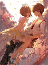 Rule 34 | 1boy, 1girl, absurdres, antenna hair, belt, blurry, blush, breast pocket, brown eyes, brown hair, cardcaptor sakura, cherry blossoms, closed eyes, closed mouth, collared shirt, couple, dress, dress shirt, eye contact, from side, gloves, green eyes, hand grab, hetero, high heels, highres, invisible chair, kinomoto sakura, li xiaolang, looking at another, magical girl, necktie, pants, petals, pocket, profile, red eyes, red neckwear, revision, school uniform, see-through, shirt, short hair, sitting, sitting on lap, sitting on person, sleeves pushed up, smile, tiara, white footwear, white gloves, white shirt, wings, yukuso (dabiandang)