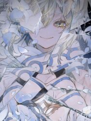 Rule 34 | app filter, bare shoulders, blonde hair, breasts, broken glass, dress, feather hair ornament, feathers, flower, genshin impact, glass, glass shards, gold trim, hair between eyes, hair flower, hair ornament, highres, lily (flower), lumine (genshin impact), medium breasts, reflection, scarf, shards, shattered, short hair with long locks, tanjou, upper body, white dress, white flower, white scarf, yellow eyes