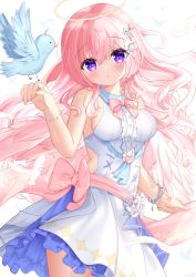 Rule 34 | 1girl, :o, absurdres, angel, angel wings, bare legs, belt, bird, blue bird, blue dress, blush, bow, bowtie, bracelet, breasts, buttons, center frills, clothing cutout, commentary, dress, feathered wings, feathers, flower, frills, hair flower, hair ornament, halo, highres, hiyada yuu, jewelry, long hair, md5 mismatch, medium breasts, original, parted lips, pink belt, pink bow, pink bowtie, pink hair, purple eyes, resolution mismatch, side cutout, sidelocks, simple background, solo, source smaller, upper body, white background, white wings, wings