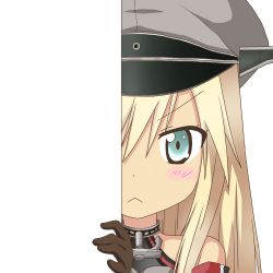 Rule 34 | &gt;:&lt;, 10s, 1girl, :&lt;, bismarck (kancolle), blonde hair, blue eyes, brown gloves, closed mouth, gloves, hat, kantai collection, long hair, looking at viewer, nagineko, peaked cap, peeking out, solo, transparent background, v-shaped eyebrows