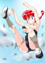 1girl blue_eyes braid breasts female_focus fishnet_pantyhose fishnets genderswap genderswap_(mtf) kul_tigin leotard nipples pantyhose ranma-chan ranma_1/2 red_hair saotome_ranma single_braid solo torn_clothes