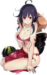 Rule 34 | 10s, 1girl, ahoge, bare shoulders, bikini, blush, breasts, cleavage, collarbone, food, fruit, full body, hair flaps, hair ornament, hand on breast, hat, hat on back, kantai collection, kujou ichiso, large breasts, long hair, looking at viewer, low twintails, lowres, machinery, navel, official art, purple hair, red eyes, ryuuhou (kancolle), sitting, solo, straw hat, sun hat, swimsuit, taigei (kancolle), torn clothes, transparent background, twintails, unworn hat, unworn headwear, watermelon