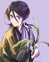 Rule 34 | 1girl, bleach, brown kimono, closed mouth, commentary, dated, flower, hair between eyes, highres, holding, holding flower, japanese clothes, jou (jo jjo), kimono, kuchiki rukia, long hair, looking away, looking to the side, parted bangs, purple background, purple eyes, purple hair, purple kimono, simple background, smile, solo, upper body, white flower