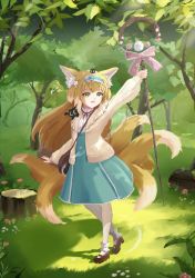 Rule 34 | 1girl, :d, absurdres, animal, animal ear fluff, animal ears, animal on shoulder, arknights, arm up, bag, black cat, blonde hair, blue hairband, blue skirt, bow, brown footwear, brown jacket, cat, commentary, day, flower, fox ears, fox girl, fox tail, frilled hairband, frills, grass, green eyes, hairband, heixiu, high-waist skirt, highres, holding, jacket, kitsune, log, long hair, long sleeves, luo xiaohei, neck ribbon, on head, open clothes, open jacket, open mouth, outdoors, pantyhose, pink bow, pink flower, pink rose, puffy long sleeves, puffy sleeves, red ribbon, ribbon, rose, shirt, shoes, shoulder bag, skirt, smile, soulblitz, suzuran (arknights), suzuran (spring praise) (arknights), tail, teeth, luo xiaohei zhanji, tree, tree stump, upper teeth only, very long hair, white flower, white pantyhose, white rose, white shirt