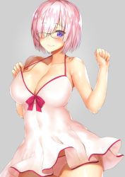 Rule 34 | 1girl, b-ginga, bare shoulders, bikini, black-framed eyewear, blush, bow, breasts, cleavage, collarbone, commentary request, covered navel, fate/grand order, fate (series), glasses, grey background, hair over one eye, hand up, hip focus, large breasts, mash kyrielight, mash kyrielight (swimsuit of perpetual summer), nightgown, official alternate costume, panties, pink bow, pink hair, purple eyes, short hair, simple background, smile, solo, spaghetti strap, strap pull, swimsuit, underwear, white bikini