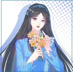 Rule 34 | 1girl, blue dress, blue eyes, braid, brown hair, douluo dalu, dress, flower, holding, holding flower, long hair, long sleeves, looking at viewer, ning rongrong (douluo dalu), parted lips, solo, teeth, tiara, upper body, white background, yellow flower, yi jian