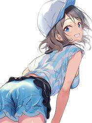 Rule 34 | 1girl, absurdres, ass, baseball cap, blue eyes, blue shorts, borgbutler, floating hair, from behind, grey hair, grin, hat, highres, leaning forward, looking at viewer, looking back, love live!, love live! sunshine!!, shirt, short hair, short shorts, shorts, smile, solo, striped clothes, striped shirt, teeth, watanabe you, white background
