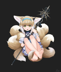 Rule 34 | 1girl, absurdres, animal ears, aqua hairband, arknights, artist request, barefoot, blue hairband, braided hair rings, feet, fox ears, fox girl, fox tail, gloves, grey hairband, hair rings, hairband, highres, holding, holding staff, hulihulihu, infection monitor (arknights), kitsune, kyuubi, looking at viewer, multiple tails, no shoes, pantyhose, sidelocks, simple background, single glove, soles, staff, stairs, stone stairs, suzuran (arknights), tail, toes