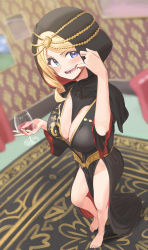 Rule 34 | 1girl, aki rosenthal, alternate costume, bare legs, barefoot, blonde hair, blue eyes, blush, breasts, commission, cup, drinking glass, fang, highres, hololive, hood, hood up, hooded robe, large breasts, looking at viewer, no panties, robe, rug, solo, twin (tt lsh), virtual youtuber, wine glass
