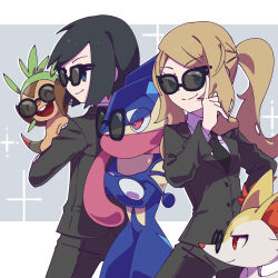 Rule 34 | 1boy, 1girl, ^ ^, adjusting eyewear, alternate costume, animal ear fluff, back-to-back, black-framed eyewear, black hair, black necktie, black pants, black suit, blue eyes, braixen, calem (pokemon), chespin, closed eyes, collared shirt, commentary request, cowboy shot, creatures (company), crossed arms, finger on eyewear, formal, game freak, gen 6 pokemon, greninja, grey background, highres, letterboxed, light brown hair, long hair, long tongue, necktie, nintendo, omochi (omotimotittona3), open mouth, outside border, pants, pokemon, pokemon (creature), pokemon on arm, pokemon xy, ponytail, red eyes, serena (pokemon), shirt, short hair, sidelocks, smile, starter pokemon trio, suit, sunglasses, tongue, tongue out, white shirt