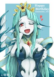 Rule 34 | 1girl, ;d, blue hair, blue skin, borrowed character, breasts, cleavage, colored skin, crown, dress, earrings, fins, fish tail, gem, hand on own cheek, hand on own face, happy birthday, highres, hitokuirou, jewelry, large breasts, long hair, looking at viewer, mermaid, monster girl, navel, necklace, one eye closed, open mouth, original, pointy ears, red eyes, siren (mythology), smile, solo, tail, twitter username, white skin, wink