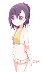 Rule 34 | 1girl, bafarin, bikini, frilled bikini, frills, from side, gabriel dropout, hair ornament, hairclip, highres, looking at viewer, navel, purple eyes, purple hair, short hair, simple background, smile, solo, swimsuit, vignette tsukinose april, white background, x hair ornament, yellow bikini