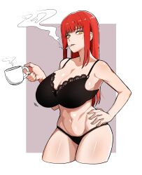 Rule 34 | 1girl, alternate breast size, black bra, black panties, bra, breasts, chainsaw man, cigarette, cleavage, coffee, coffee mug, cropped legs, cup, hand on own hip, highres, huge breasts, lace, lace-trimmed bra, lace trim, long hair, makima (chainsaw man), mug, navel, panties, red hair, ringed eyes, sidelocks, siribang1215, smoking, solo, straight hair, underwear, underwear only, yellow eyes