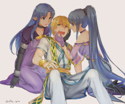 Rule 34 | 1boy, 2girls, alle gro, blonde hair, blue eyes, blue hair, medea (fate), medea (lily) (fate), dress, dual persona, fate/grand order, fate/stay night, fate (series), girl sandwich, gloves, green hair, jason (fate), long hair, multiple girls, open mouth, pointy ears, ponytail, sandwiched, simple background, smile, very long hair