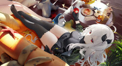 Rule 34 | 1girl, absurdres, apple, arknights, banana, bitten apple, black gloves, black shirt, black shorts, black thighhighs, breasts, carton, couch, cup, expressionless, feet, food, food bite, from above, fruit, full body, gloves, green jacket, highres, holding, holding food, holding fruit, ikea shark, indoors, jacket, legs, looking at viewer, medium breasts, mug, omone hokoma agm, open clothes, open jacket, orange (fruit), pancake, pancake stack, pillow, plant, plate, red eyes, saucer, shirt, shorts, side ponytail, skadi (arknights), skadi (the next afternoon tea) (arknights), solo, starfish, stuffed animal, stuffed shark, stuffed toy, table, thighhighs, white hair, wooden floor