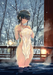 Rule 34 | 1girl, bare tree, black hair, breasts, brown eyes, collarbone, commentary, covering privates, hair up, hands on own chest, lantern, large breasts, looking at viewer, matsumoto noriyuki, naked towel, nude cover, onsen, original, outdoors, sideboob, sidelocks, smile, snow, snowing, solo, standing, steam, towel, tree, wading, wet, winter
