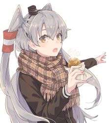 Rule 34 | 1girl, amatsukaze (kancolle), border, brown dress, brown eyes, commentary request, cowboy shot, dress, food, hair tubes, highres, ichiroku (sakumogu-029), kantai collection, long hair, long sleeves, open mouth, sailor dress, scarf, silver hair, simple background, smokestack hair ornament, solo, steam, taiyaki, two side up, wagashi, white background, white border