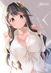 Rule 34 | 1girl, ayuman, black hair, breasts, brown eyes, cleavage, collarbone, commentary request, dress shirt, fang, highres, kantai collection, large breasts, long hair, multicolored hair, naganami (kancolle), pink hair, shirt, signature, skin fang, solo, translation request, two-tone hair, upper body, wavy hair, white shirt