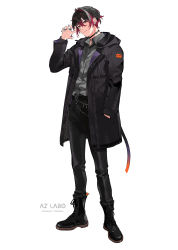 Rule 34 | 1boy, arisaka ako, black choker, black coat, black footwear, black hair, black pants, boots, choker, closed mouth, coat, collared shirt, commentary request, ear piercing, grey shirt, hand in pocket, hand up, highres, jewelry, long sleeves, looking at viewer, male focus, multicolored hair, original, pants, piercing, red hair, ring, shirt, short hair, simple background, solo, streaked hair, white background