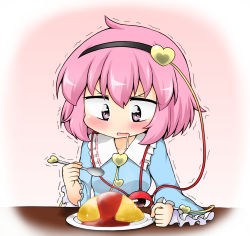 Rule 34 | 1girl, blouse, chibi, clenched hand, drooling, food, frilled sleeves, frills, gradient background, hairband, heart, highres, ketchup, komeiji satori, long sleeves, omelet, omurice, pink background, pink hair, plate, shirt, short hair, solo, sparkle, sparkling eyes, spoon, suwa yasai, table, third eye, touhou, trembling, wide sleeves