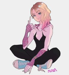 Rule 34 | 1girl, animification, arm guards, asymmetrical hair, blonde hair, blue eyes, blue footwear, bodysuit, closed mouth, converse, eyebrow piercing, full body, gradient hair, gwen stacy, hand on floor, highres, hood, hood down, hooded bodysuit, indian style, looking at viewer, marvel, multicolored hair, \n/, piercing, pink hair, shoes, sitting, smile, sneakers, solo, spider-gwen, spider-man: across the spider-verse, spider-man: into the spider-verse, spider-man (series), spider-verse, spider web print, superhero costume, sushi pizza rrr
