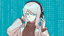 Rule 34 | 1girl, blue background, blue theme, brown sweater, closed mouth, coat, expressionless, faust (project moon), hands up, headphones, highres, ivy (675671), lab coat, limbus company, looking at viewer, project moon, ribbed sweater, simple background, solo, sweater, translation request, turtleneck, turtleneck sweater, upper body, white coat